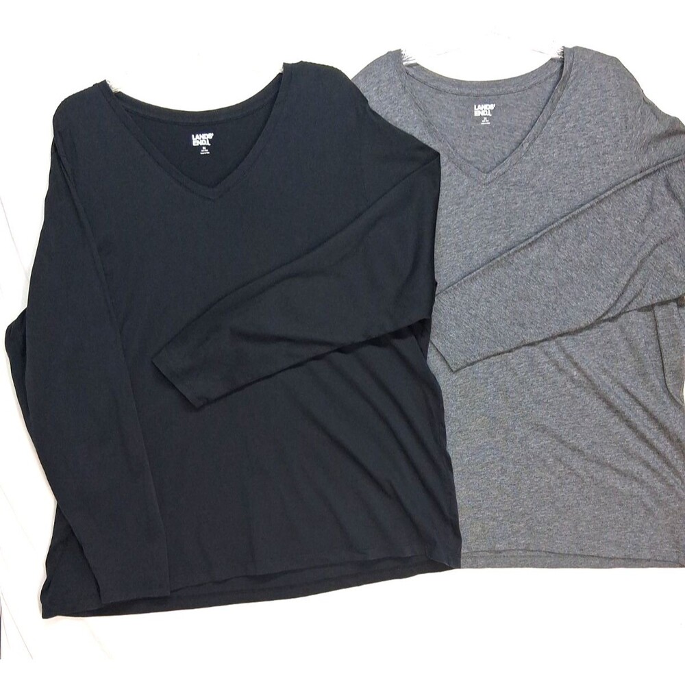 2 Lands End T-Shirt Women 2X Black Gray VNeck Stretch Classic Winter Casual